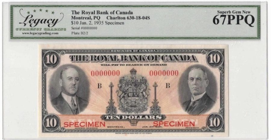 1935 Royal Bank of Canada $10 Specimen Banknote - LCG Gem UNC-67 PPQ