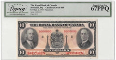 1935 Royal Bank of Canada $10 Specimen Banknote - LCG Gem UNC-67 PPQ