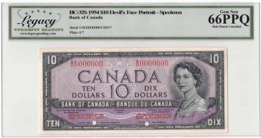 1954 Bank of Canada $10 Devil Face Specimen Banknote BC-32s - LCG Gem UNC-66 PPQ