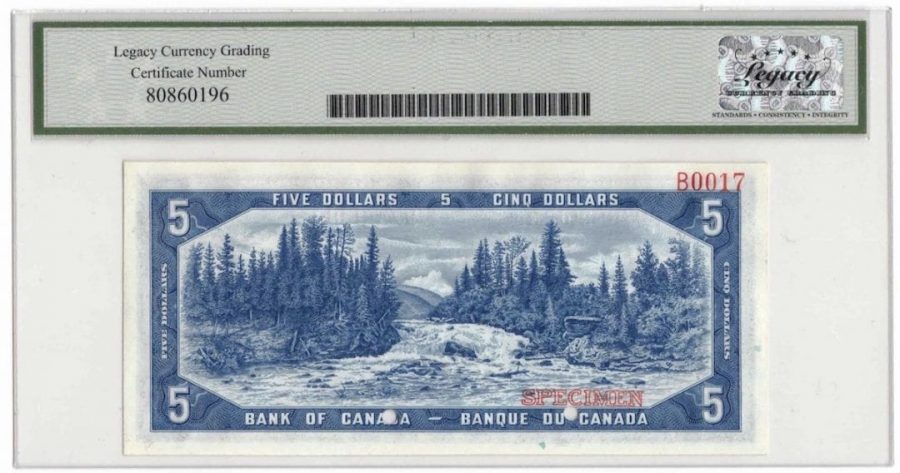 1954 Bank of Canada $5 Devil Face Specimen Banknote - LCG Gem UNC-67 PPQ