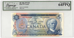 1972 Bank of Canada $5 Banknote 1 Million Serial BC-48a - LCG Choice UNC-64 PPQ