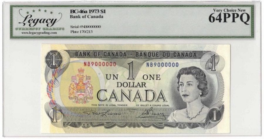 1973 Bank of Canada $1 Banknote 9 Million Serial BC-46a - LCG Choice UNC-64 PPQ