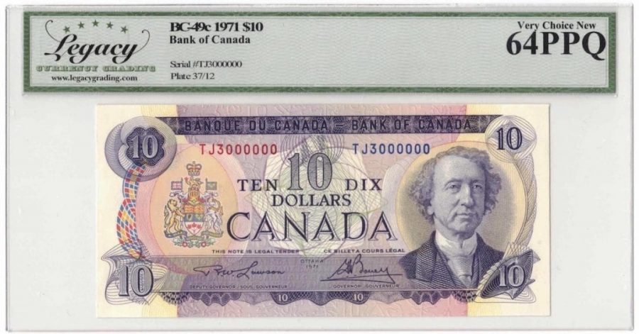1971 Bank of Canada $10 Banknote 3 Million Serial BC-49c - LCG Choice UNC-64 PPQ