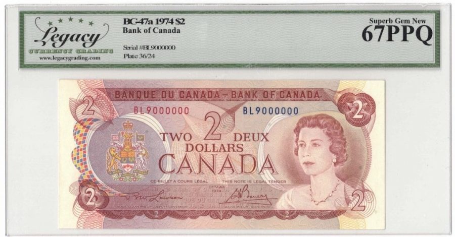 1974 Bank of Canada $2 Banknote 9 Million Serial BC-47a - LCG Gem UNC-67 PPQ