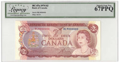 1974 Bank of Canada $2 Banknote 9 Million Serial BC-47a - LCG Gem UNC-67 PPQ