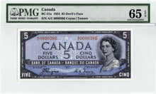 Load image into Gallery viewer, 1954 Bank of Canada $5 Devil Face LOW Serial 386 PMG Gem UNC-65
