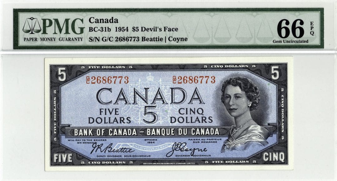 1954 Bank of Canada $5 Devil Face Note - PMG Gem UNC-66 EPQ