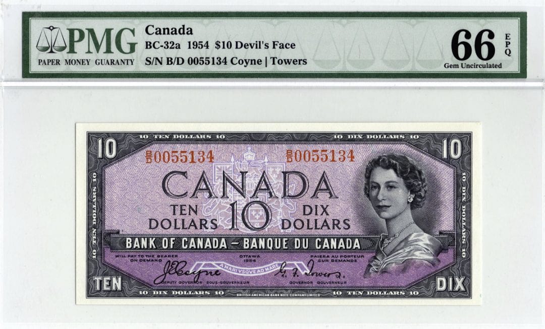 1954 Bank of Canada $10 Note Devil Face BC-32a - PMG Gem UNC-66 EPQ