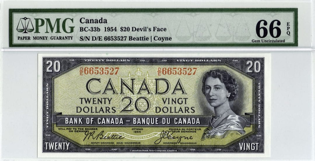 1954 Bank of Canada $20 Note Devil Face BC-33b - PMG Gem UNC-66 EPQ