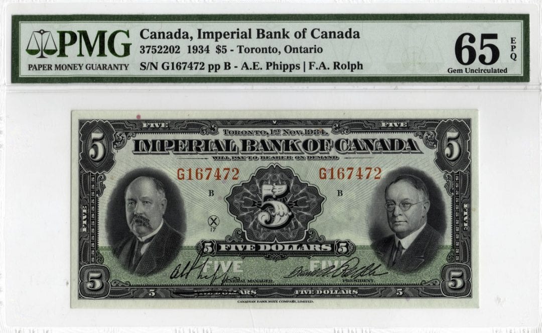 1934 Imperial Bank of Canada $5 Note - PMG Gem UNC-65 EPQ