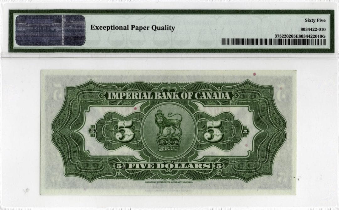 1934 Imperial Bank of Canada $5 Note - PMG Gem UNC-65 EPQ
