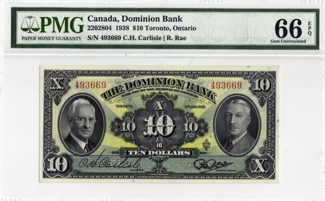 1938 The Dominion Bank Canada $10 Note - PMG Gem UNC-66 EPQ