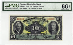 1938 The Dominion Bank Canada $10 Note - PMG Gem UNC-66 EPQ
