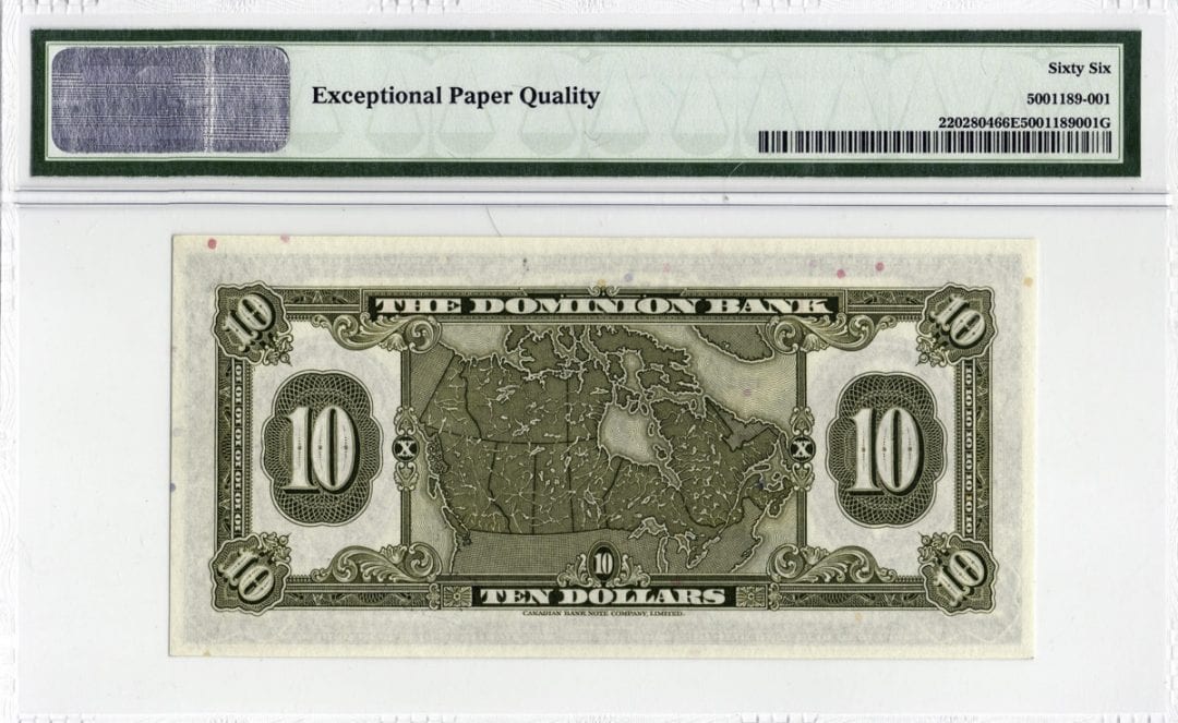 1938 The Dominion Bank Canada $10 Note - PMG Gem UNC-66 EPQ