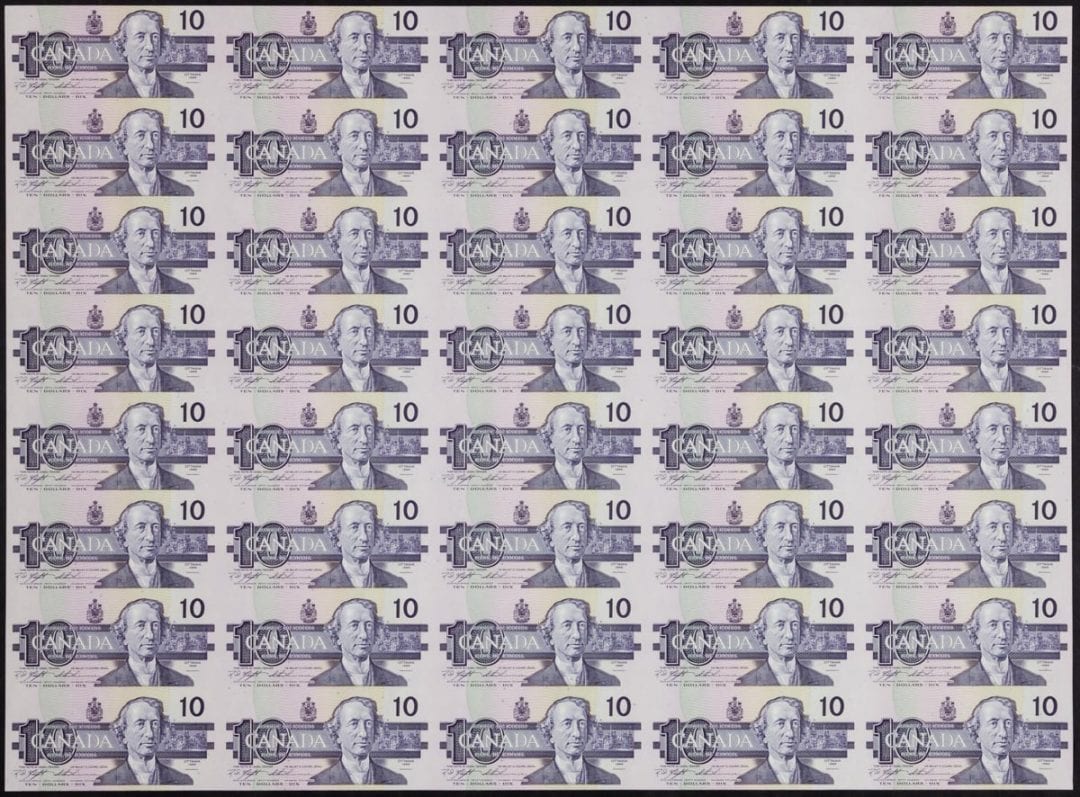 Uncut Sheet of 40 1989 Canada $10 Banknotes