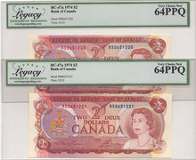 Load image into Gallery viewer, Pair of 1974 $2 Bank of Canada - BC-47aT - Legacy 64 PPQ - RS Test Note

