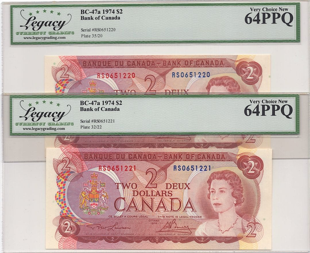 Pair of 1974 $2 Bank of Canada - BC-47aT - Legacy 64 PPQ - RS Test Note