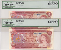 Pair of 1974 $2 Bank of Canada - BC-47aT - Legacy 64 PPQ - RS Test Note