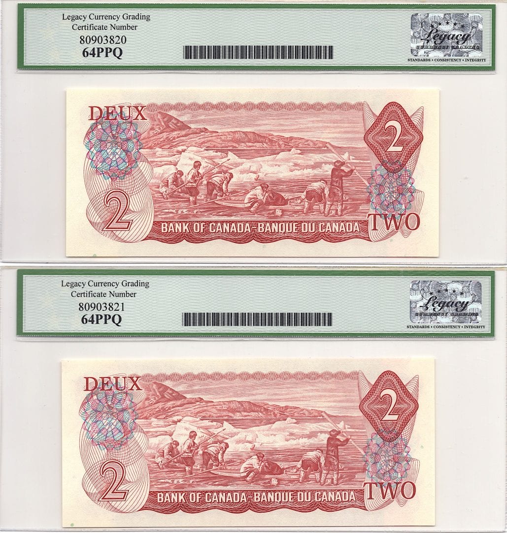 Pair of 1974 $2 Bank of Canada - BC-47aT - Legacy 64 PPQ - RS Test Note