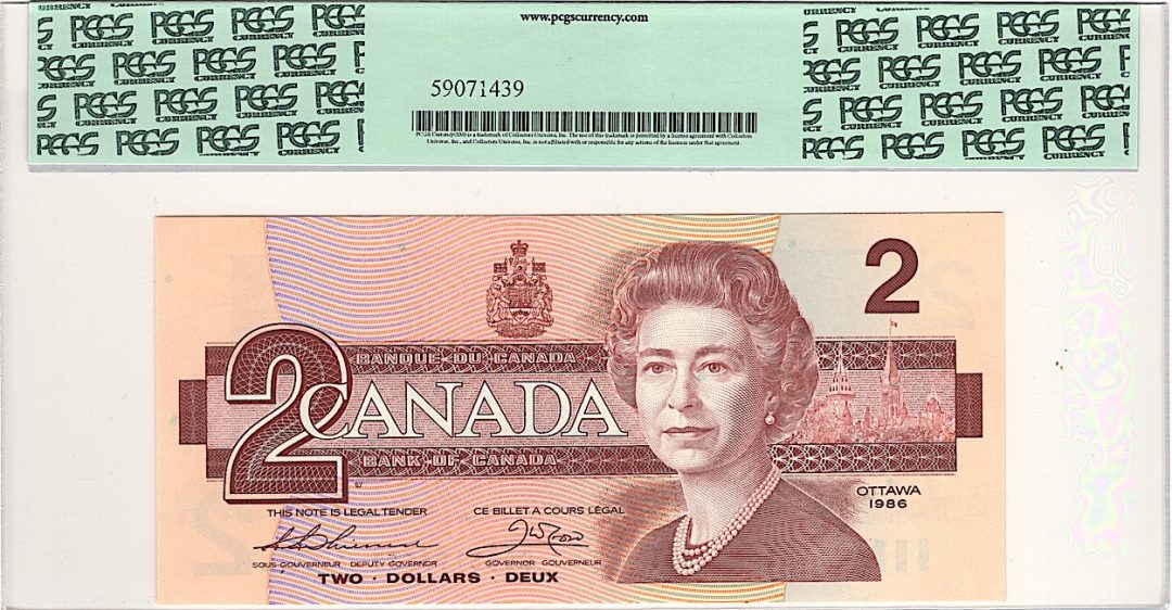 1986 Bank of Canada $2 Error Mismatched Serial PCGS Gem UNC 66 PPQ