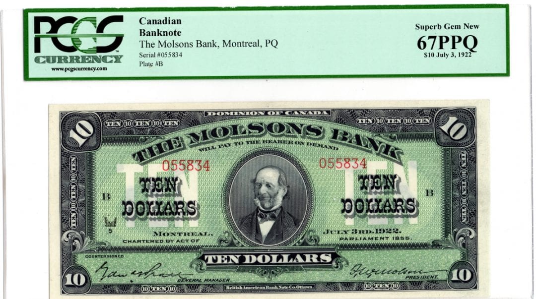 1922 $10 Molsons Bank Note PCGS Gem 67 PPQ