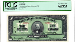 1922 $10 Molsons Bank Note PCGS Gem 67 PPQ
