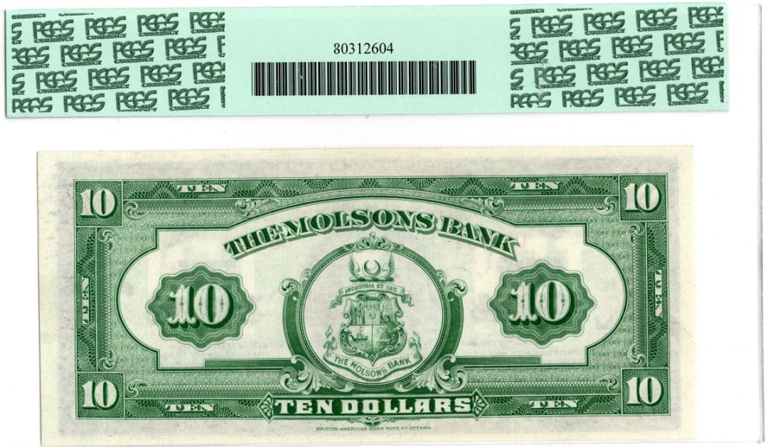 1922 $10 Molsons Bank Note PCGS Gem 67 PPQ