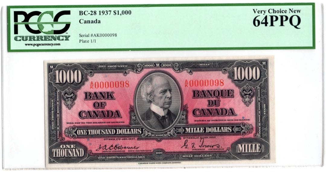 1937 Bank of Canada $1000 Note PCGS UNC 64 PPQ