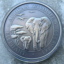 Load image into Gallery viewer, 2015 Elephant Somalia Kilo coin 32.15 oz .999 Silver Antique Finish 200 Mintage
