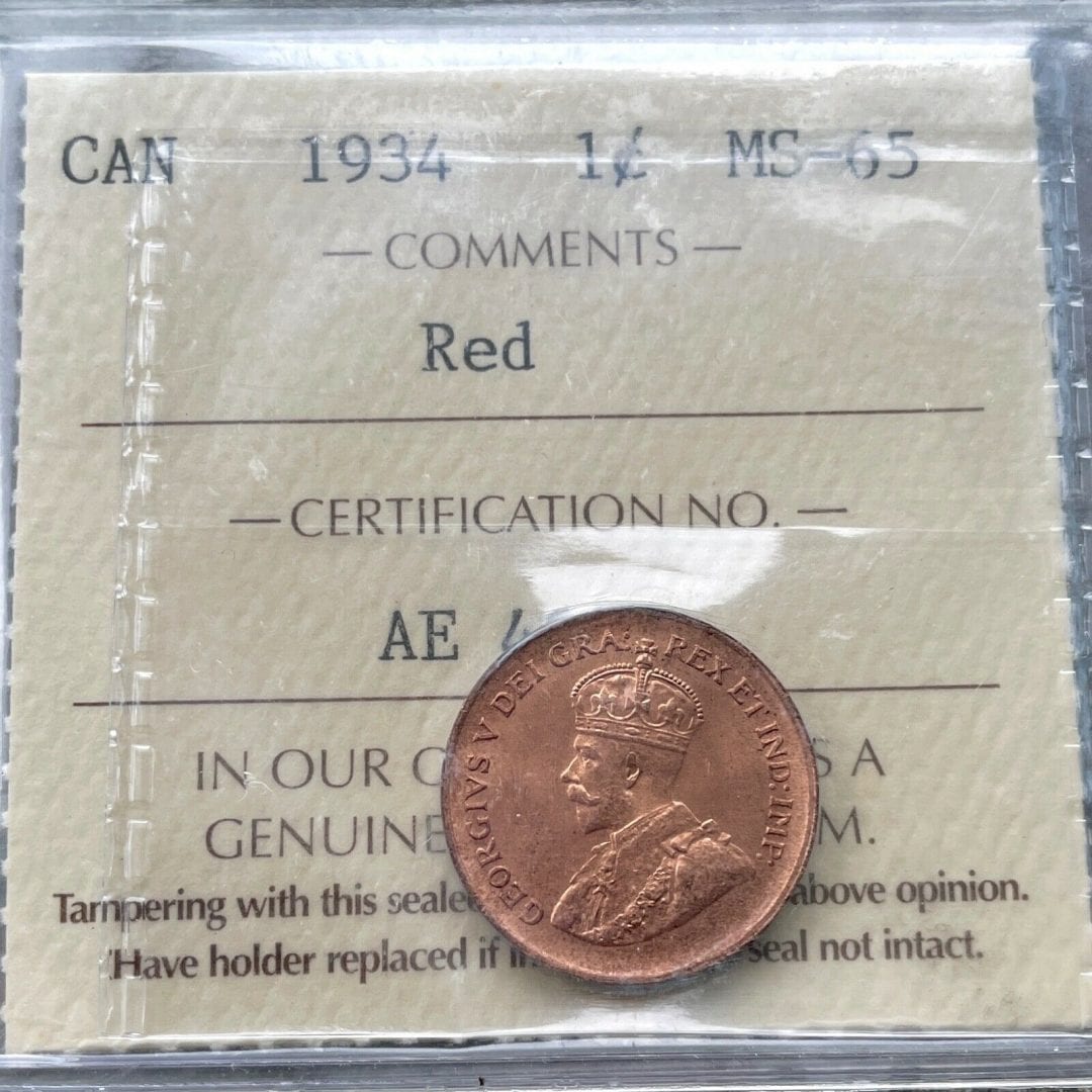 1934 Small Cent Canada 1 Cent Coin Penny - ICCS Gem 65 Red
