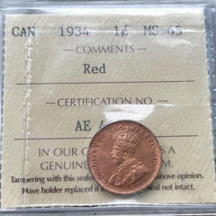 1934 Small Cent Canada 1 Cent Coin Penny - ICCS Gem 65 Red