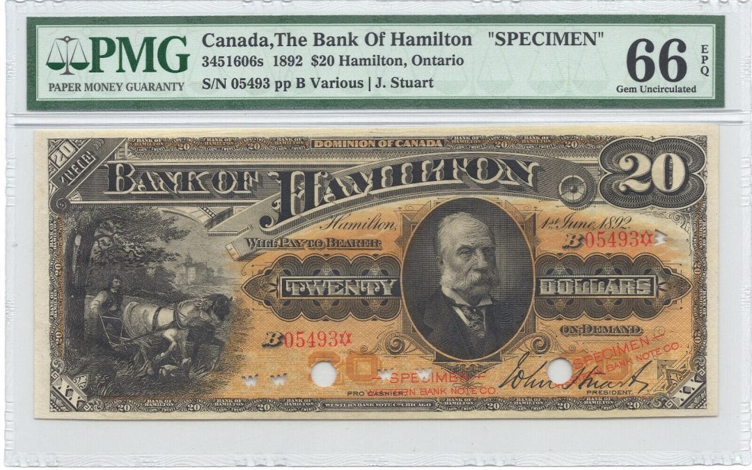 1892 $20 The Royal Bank of Hamilton Canada - PMG UNC 66 SPECIMEN