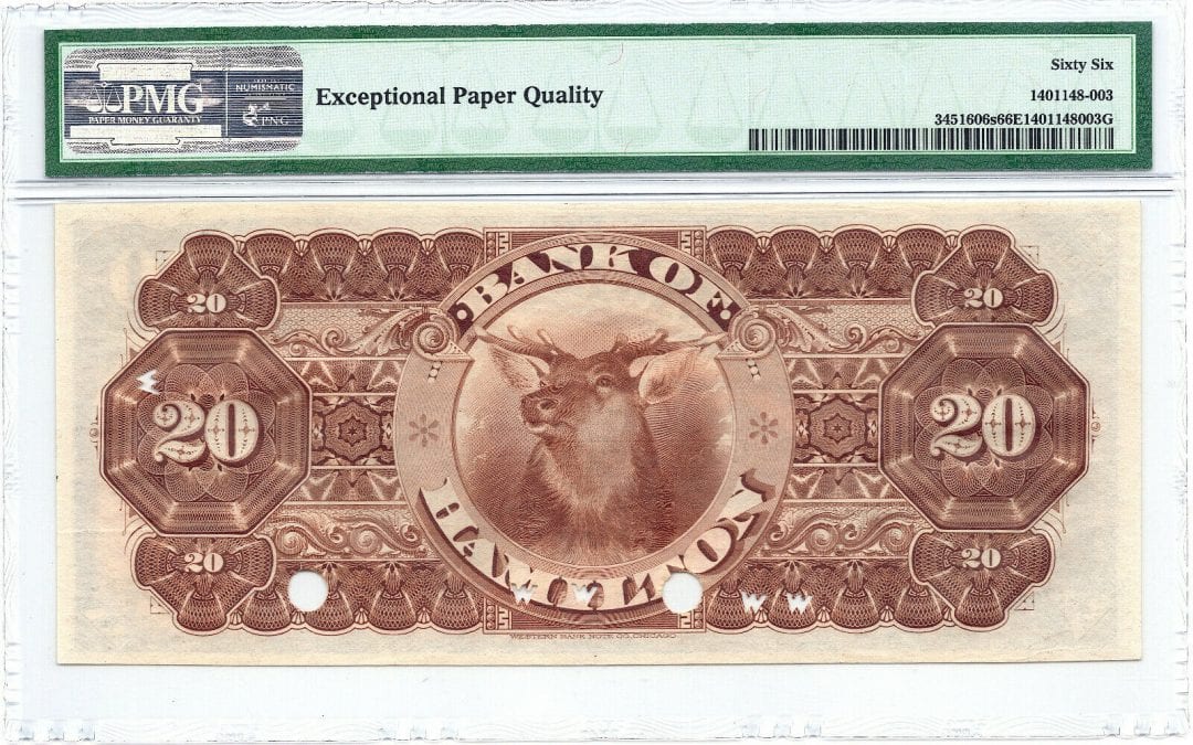 1892 $20 The Royal Bank of Hamilton Canada - PMG UNC 66 SPECIMEN