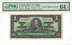 1937 $1 Bank of Canada PMG UNC 64 EPQ - BC-21b - H/A Narrow Panel - Scarce