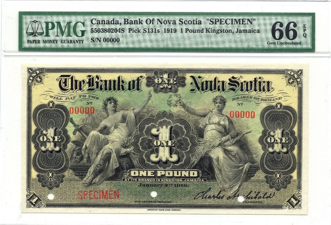 1919 $1 Canada Bank of Nova Scotia PMG UNC 66 EPQ SPECIMEN - Kingston Jamaica