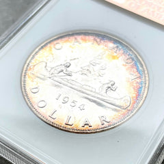 1954 Canada 1 Dollar Silver Coin One Proof Like NGC PL 66 - Rainbow edge Toning