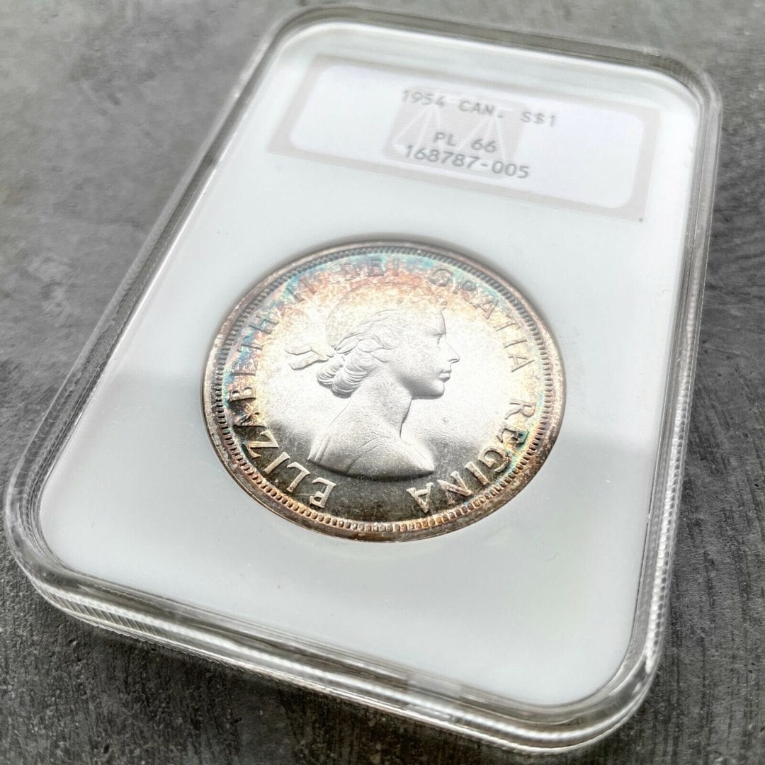 1954 Canada 1 Dollar Silver Coin One Proof Like NGC PL 66 - Rainbow edge Toning