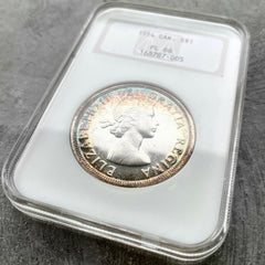 1954 Canada 1 Dollar Silver Coin One Proof Like NGC PL 66 - Rainbow edge Toning