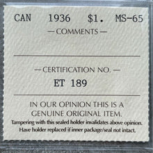 Load image into Gallery viewer, 1936 Canada 1 Dollar Silver Coin One Dollar - ICCS Gem 65 - With Toning
