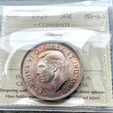 Load image into Gallery viewer, 1939 Canada 50 Cent Silver Coin Half Dollar ICCS MS Gem 65 - Purple Patina
