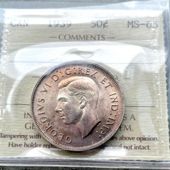 1939 Canada 50 Cent Silver Coin Half Dollar ICCS MS Gem 65 - Purple Patina