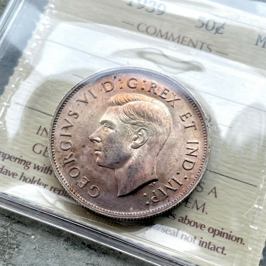 1939 Canada 50 Cent Silver Coin Half Dollar ICCS MS Gem 65 - Purple Patina