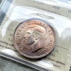 1939 Canada 50 Cent Silver Coin Half Dollar ICCS MS Gem 65 - Purple Patina