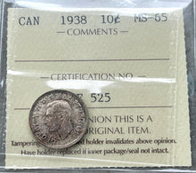 Load image into Gallery viewer, 1938 Canada 10 Cent Silver Coin Dime ICCS MS Gem 65 - Attractive Toning
