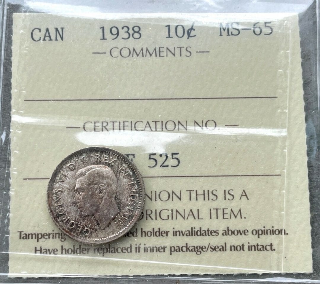 1938 Canada 10 Cent Silver Coin Dime ICCS MS Gem 65 - Attractive Toning