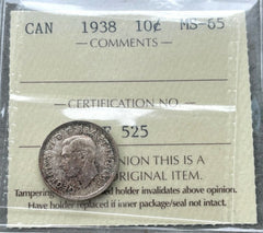 1938 Canada 10 Cent Silver Coin Dime ICCS MS Gem 65 - Attractive Toning