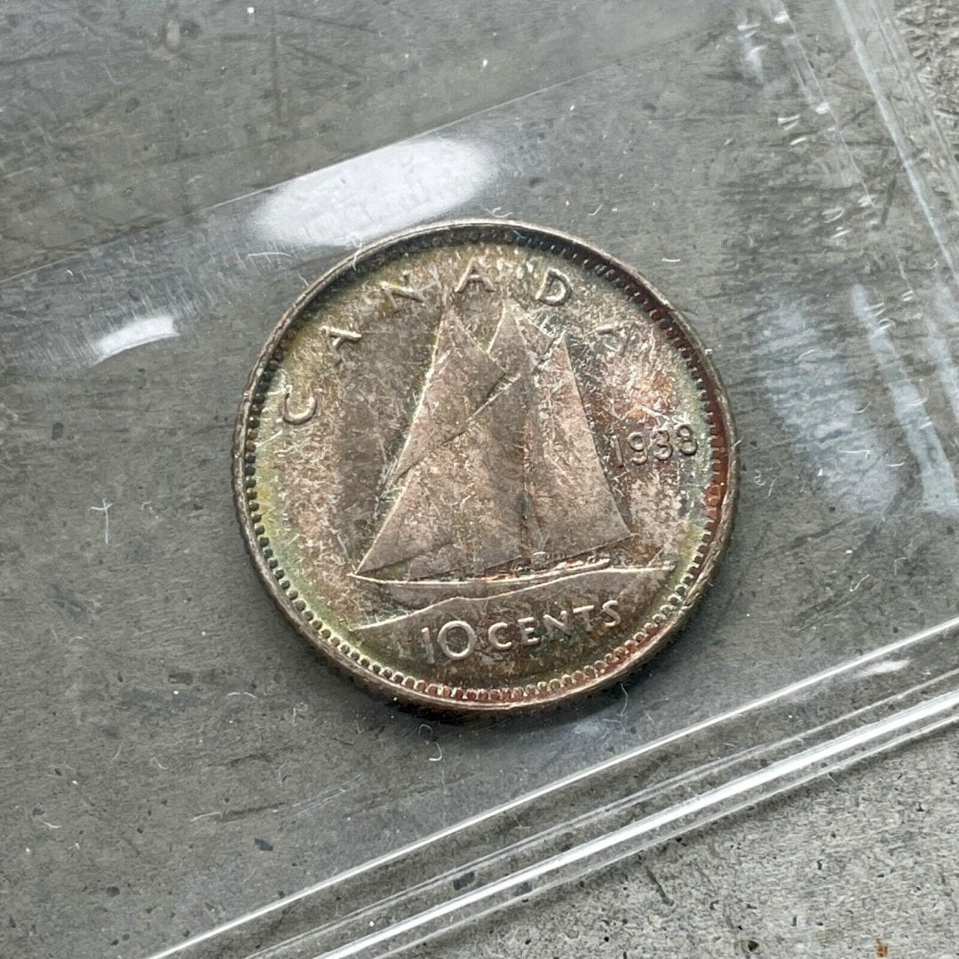 1938 Canada 10 Cent Silver Coin Dime ICCS MS Gem 65 - Attractive Toning