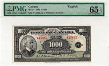 Load image into Gallery viewer, 1935 Bank of Canada $1000 Note PMG Gem BC-19 UNC 65 EPQ
