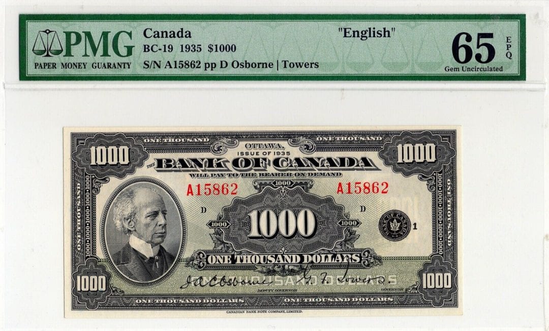 1935 Bank of Canada $1000 Note PMG Gem BC-19 UNC 65 EPQ