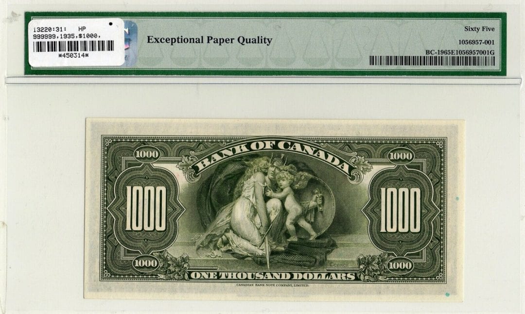 1935 Bank of Canada $1000 Note PMG Gem BC-19 UNC 65 EPQ